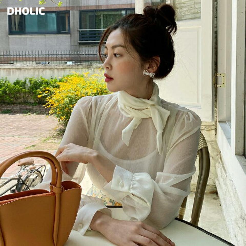 ネックリボンシースルーブラウス・全3色・b00576 レディース 【bl】韓国ファッション トップス ブラウス 長袖 ハーフネック ネックリボン シースルー タック ギャザー 可愛い かわいい シンプル カジュアル フェミニン 春 秋