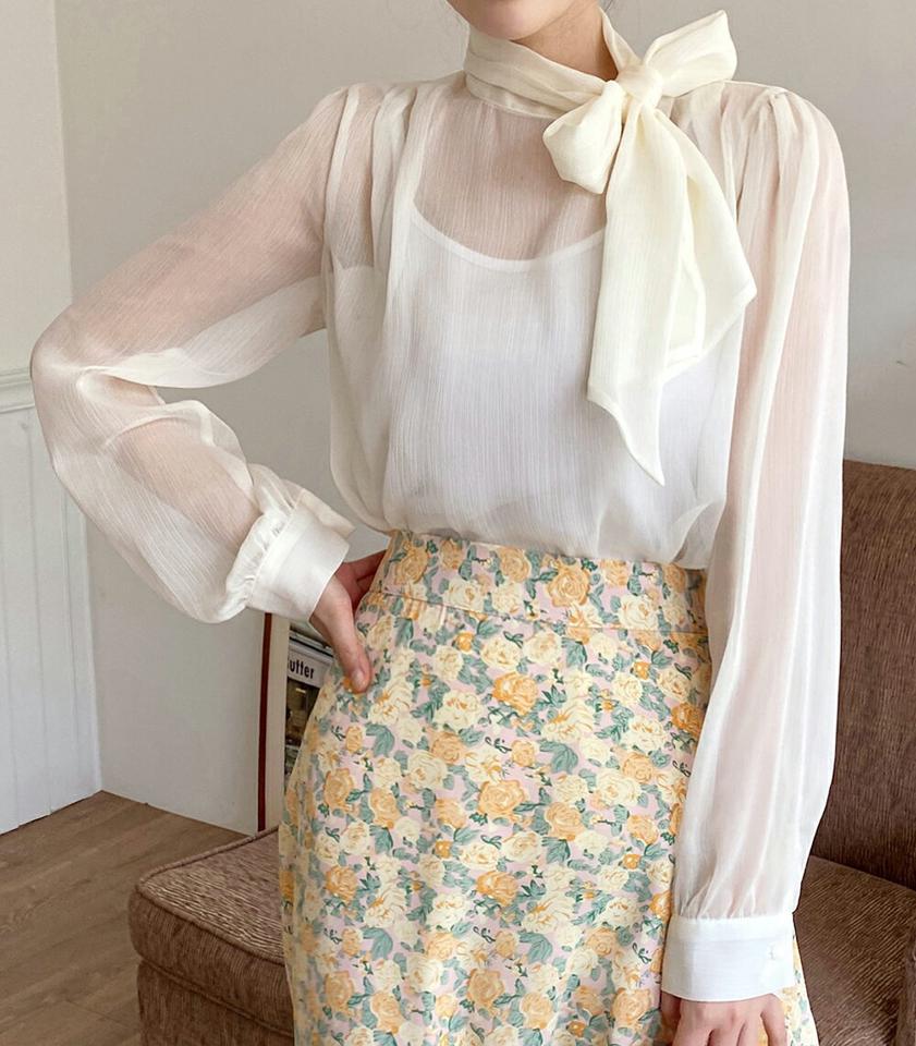 ネックリボンシースルーブラウス・全3色・b00576 レディース 【bl】韓国ファッション トップス ブラウス 長袖 ハーフネック ネックリボン シースルー タック ギャザー 可愛い かわいい シンプル カジュアル フェミニン 春 秋