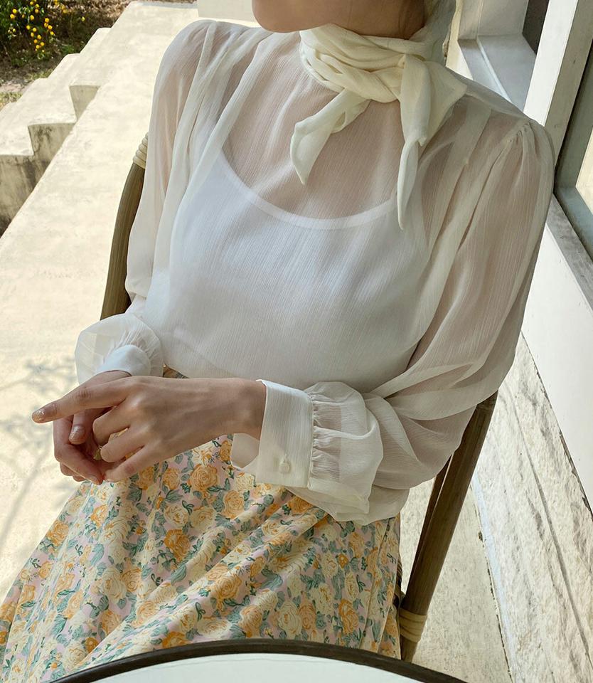 ネックリボンシースルーブラウス・全3色・b00576 レディース 【bl】韓国ファッション トップス ブラウス 長袖 ハーフネック ネックリボン シースルー タック ギャザー 可愛い かわいい シンプル カジュアル フェミニン 春 秋