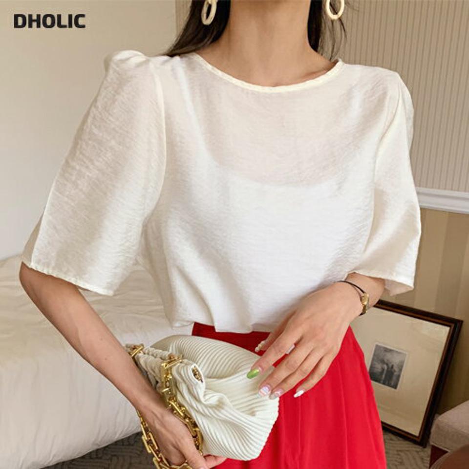 パフハーフスリーブブラウス・全5色・t00544 レディース 【bl】韓国ファッション トップス ブラウス 半袖 ラウンドネック パフハーフスリーブ ギャザー かわいい 可愛い 無地 シンプル カジュアル フェミニン 体型カバー 夏 春 秋