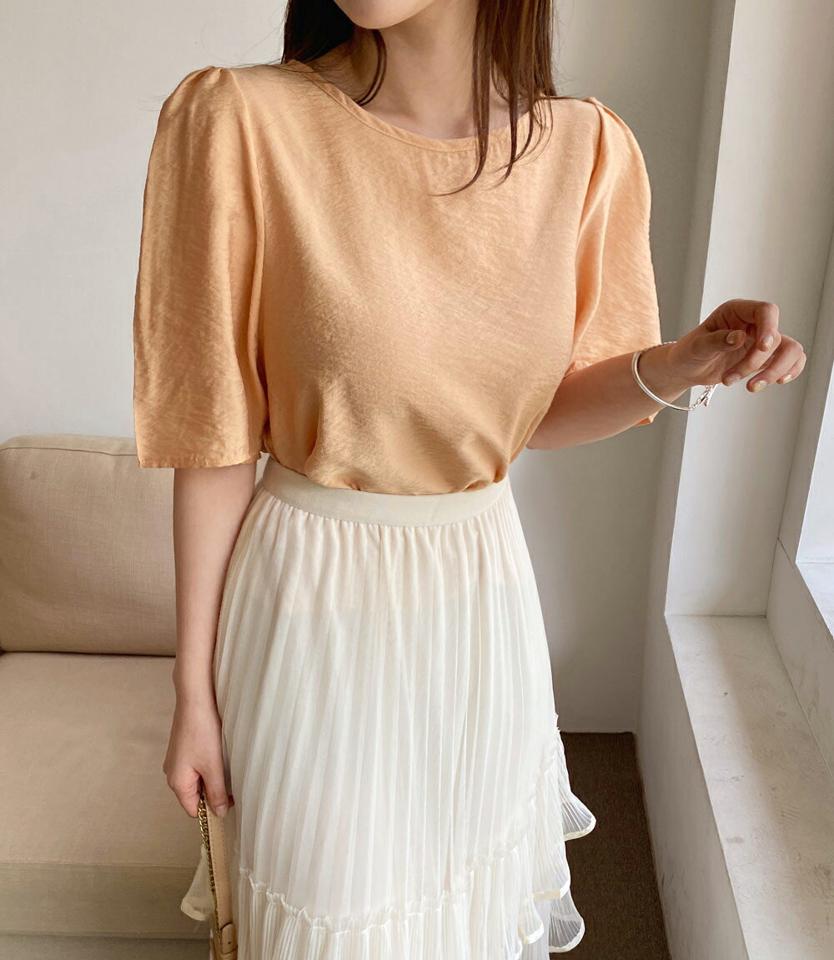 パフハーフスリーブブラウス・全5色・t00544 レディース 【bl】韓国ファッション トップス ブラウス 半袖 ラウンドネック パフハーフスリーブ ギャザー かわいい 可愛い 無地 シンプル カジュアル フェミニン 体型カバー 夏 春 秋