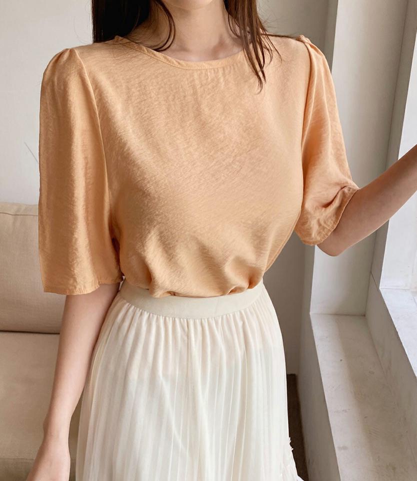 パフハーフスリーブブラウス・全5色・t00544 レディース 【bl】韓国ファッション トップス ブラウス 半袖 ラウンドネック パフハーフスリーブ ギャザー かわいい 可愛い 無地 シンプル カジュアル フェミニン 体型カバー 夏 春 秋
