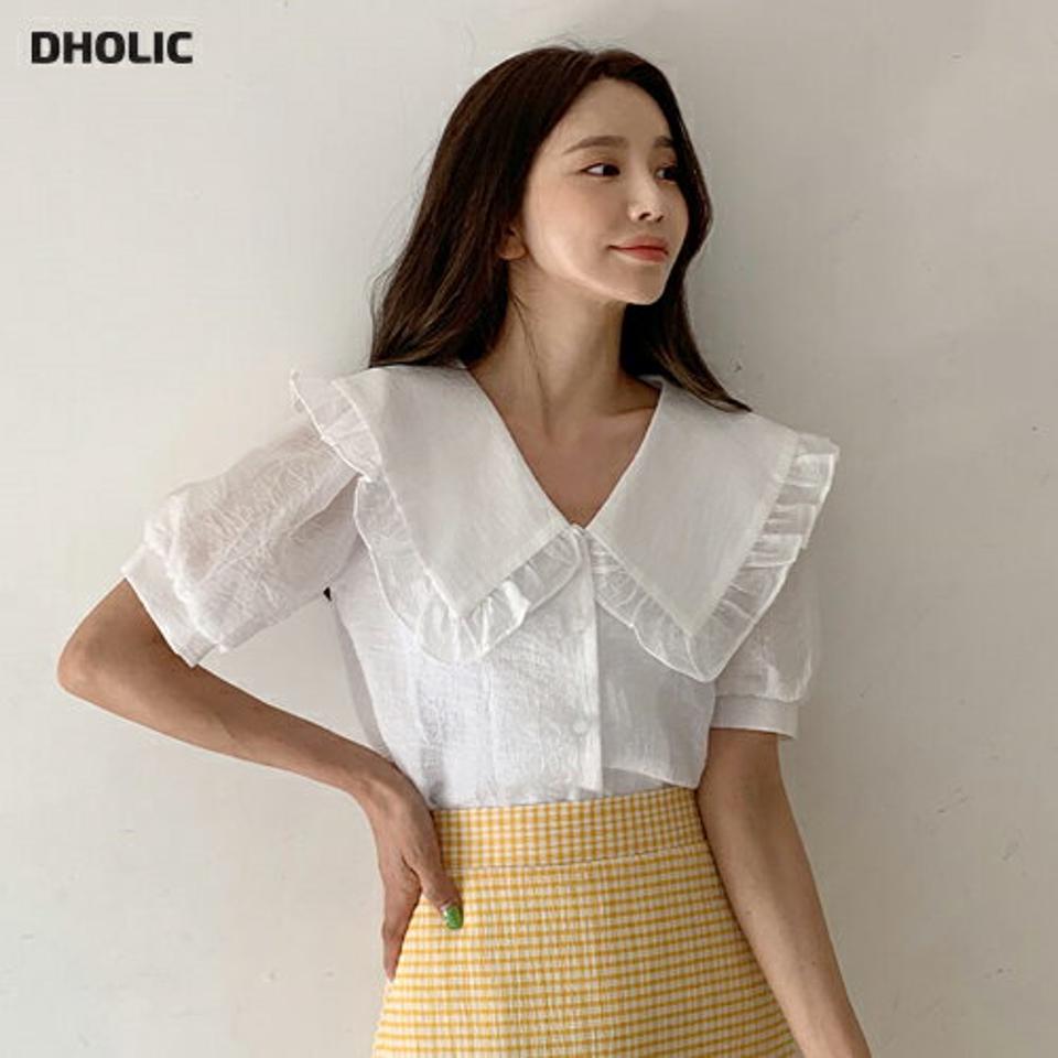 フリルビッグカラーパフブラウウス・全3色・t00569 レディース 【bl】韓国ファッション トップス ブラウス 半袖 ビッグカラー パフスリーブ フリル ギャザー かわいい 可愛い 無地 シンプル カジュアル フェミニン 体型カバー 夏 春 秋