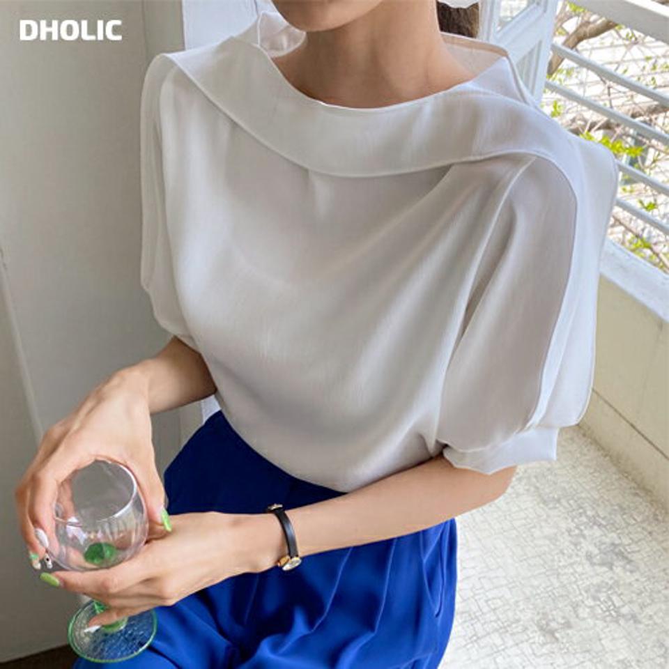 フリルボートネックブラウス・全4色・t00571 レディース 【bl】韓国ファッション トップス ブラウス 半袖 ボートネック フリル パフショートスリーブ フリル かわいい 可愛い 無地 シンプル カジュアル フェミニン 体型カバー 夏 春 秋