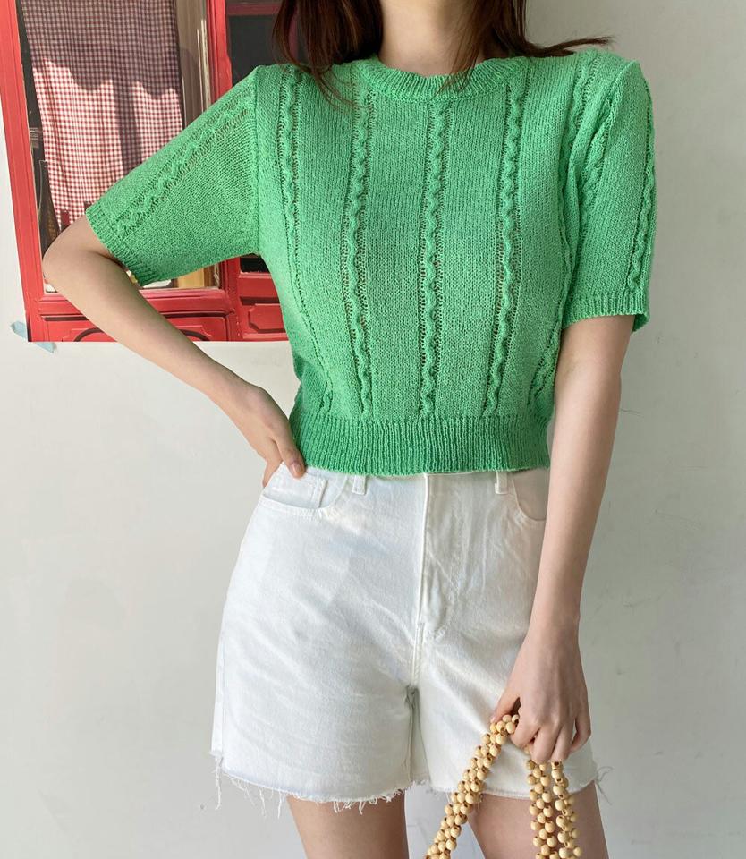 クロップド半袖ウェーブニット・全5色・t00550 レディース 【tops】韓国ファッション サマーニット トップス ニット 大人 半袖 ラウンドネック クロップド丈 ウェーブ ショートスリーブ クロップド丈 シンプル 黄緑 フェミニン カジュアル 夏 春 秋
