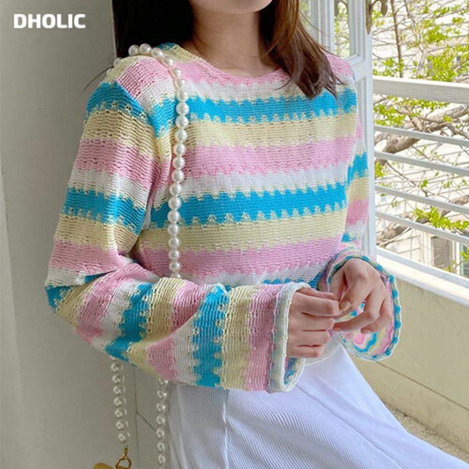 ウェーブボーダークロップドニット・全2色・t00549 レディース 【tops】韓国ファッション トップス ニット 大人 長袖 ラウンドネック ウェーブ ボーダー クロップド丈 カラフル シンプル 体型カバー フェミニン カジュアル y2k 春 秋