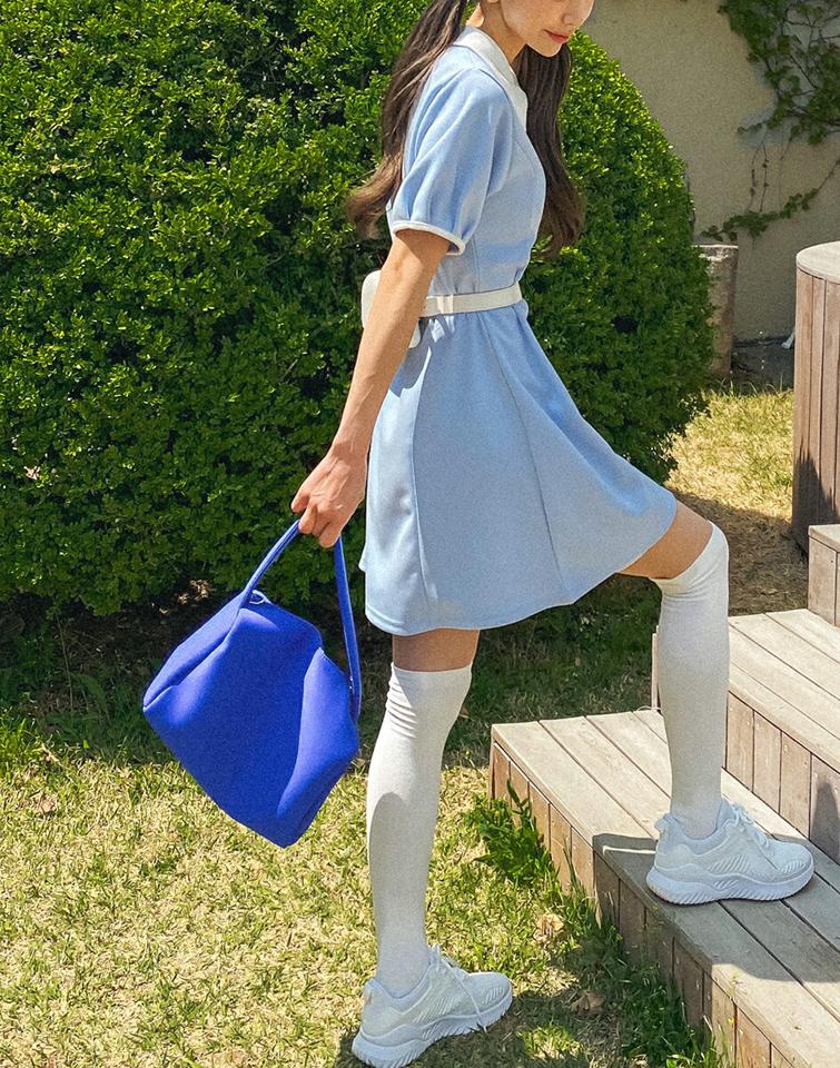 配色Aラインミニワンピース・全3色・t02172 レディース 【ops】ワンピース ミニワンピース ショート丈 Aライン 配色 半袖 ハーフボタン ポロ襟 パフ袖 パフスリーブ かわいい 可愛い ガーリー 衣装 y2k 春 夏 韓国ファッション GOLFWEAR ゴルフウェア