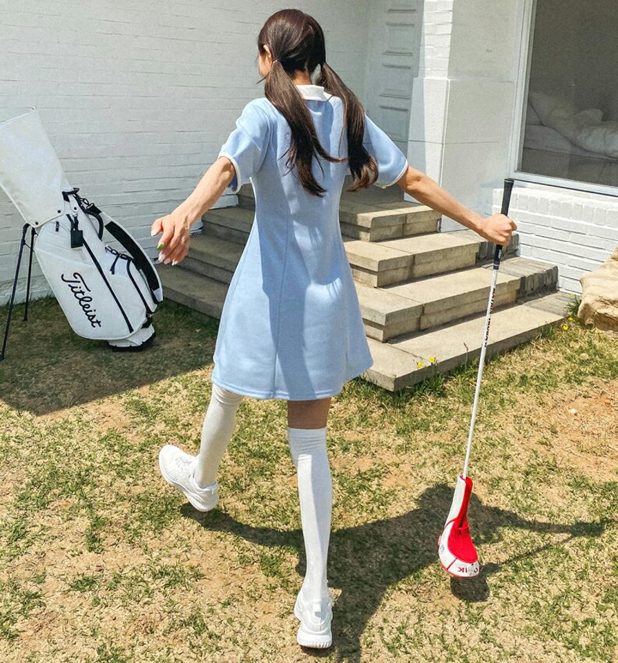 配色Aラインミニワンピース・全3色・t02172 レディース 【ops】ワンピース ミニワンピース ショート丈 Aライン 配色 半袖 ハーフボタン ポロ襟 パフ袖 パフスリーブ かわいい 可愛い ガーリー 衣装 y2k 春 夏 韓国ファッション GOLFWEAR ゴルフウェア