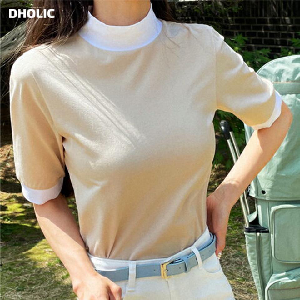 配色ストレッチTシャツ・全3色・b02164 レディース 【tops】トップス Tシャツ 半袖 ハーフスリーブ ストレッチ 配色 シンプル カジュアル ラフ スポーティ— ストレッチ ラフ ハイネック 春 夏 韓国ファッション GOLFWEAR ゴルフウェア