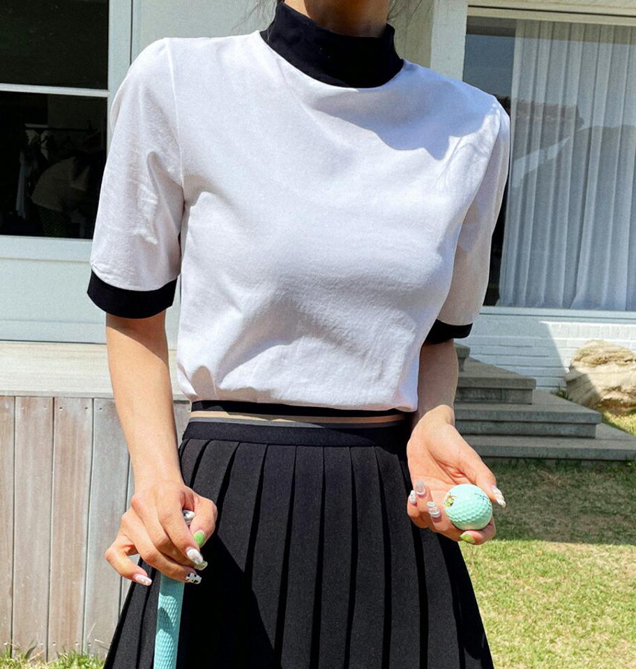 配色ストレッチTシャツ・全3色・b02164 レディース 【tops】トップス Tシャツ 半袖 ハーフスリーブ ストレッチ 配色 シンプル カジュアル ラフ スポーティ— ストレッチ ラフ ハイネック 春 夏 韓国ファッション GOLFWEAR ゴルフウェア