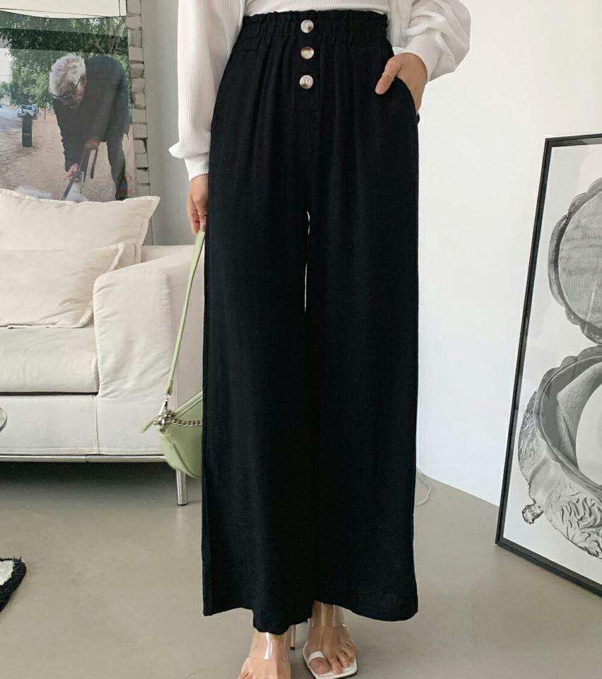 スリーボタンウエストゴムワイドパンツ・全2色・b66621 レディース 【pt】パンツ ズボン ロングパンツ ワイドパンツ ウエストゴム 単色 無地 シンプル ハイウエスト ナチュラル カジュアル ラフ 春 夏 韓国ファッション