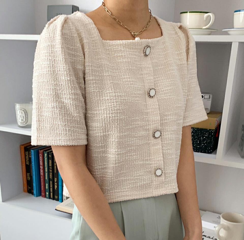 ツイードボタンTシャツ・全3色・t66612 レディース 【tops】トップス Tシャツ 半袖 ツイード パフ袖 パフスリーブ フェミニン レディ きれいめ 大人 上品 スクエアネック 春 夏 韓国ファッション