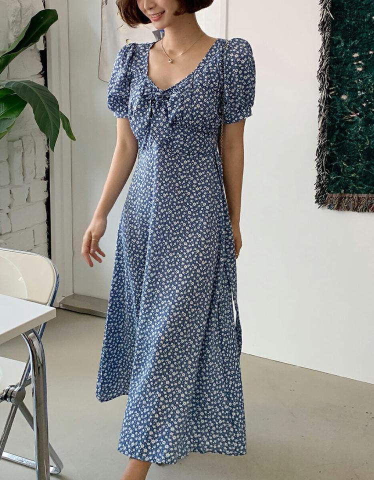 ストラップ付2WAYフローラルワンピース・全3色・t66610 レディース 【ops】ワンピース ロング丈 ロングワンピース 半袖 花柄　小花柄 フェミニン レトロ きれいめ 大人 デコルテ 鎖骨 パフスリーブ 春 夏 韓国ファッション