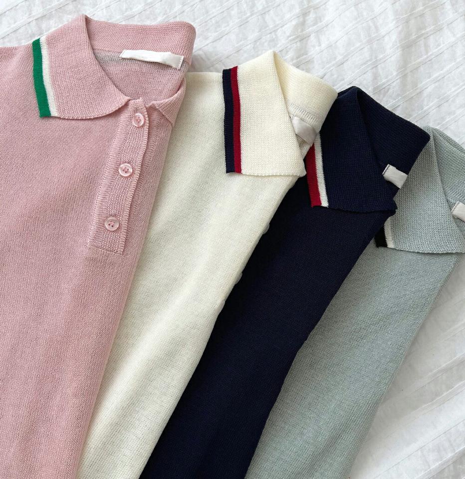 ダブル配色ラインポロカラーニット・全4色・b66604 レディース 【tops】トップス ニット ポロ襟 半袖 ハーフスリーブ 配色 ライン カジュアル ラフ ハーフ スポーティー 春 夏 韓国ファッション