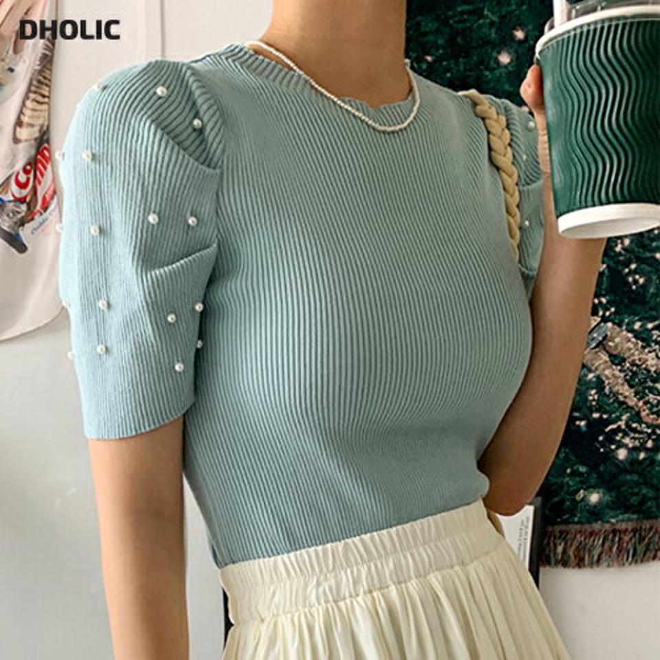 フェイクパールパフリブニット・全4色・b66603 レディース 【tops】トップス ニット 半袖 パール きれいめ リブ シンプル 大人 フェミニン パフ袖 パフスリーブ 春 夏 サマーニット 韓国ファッション