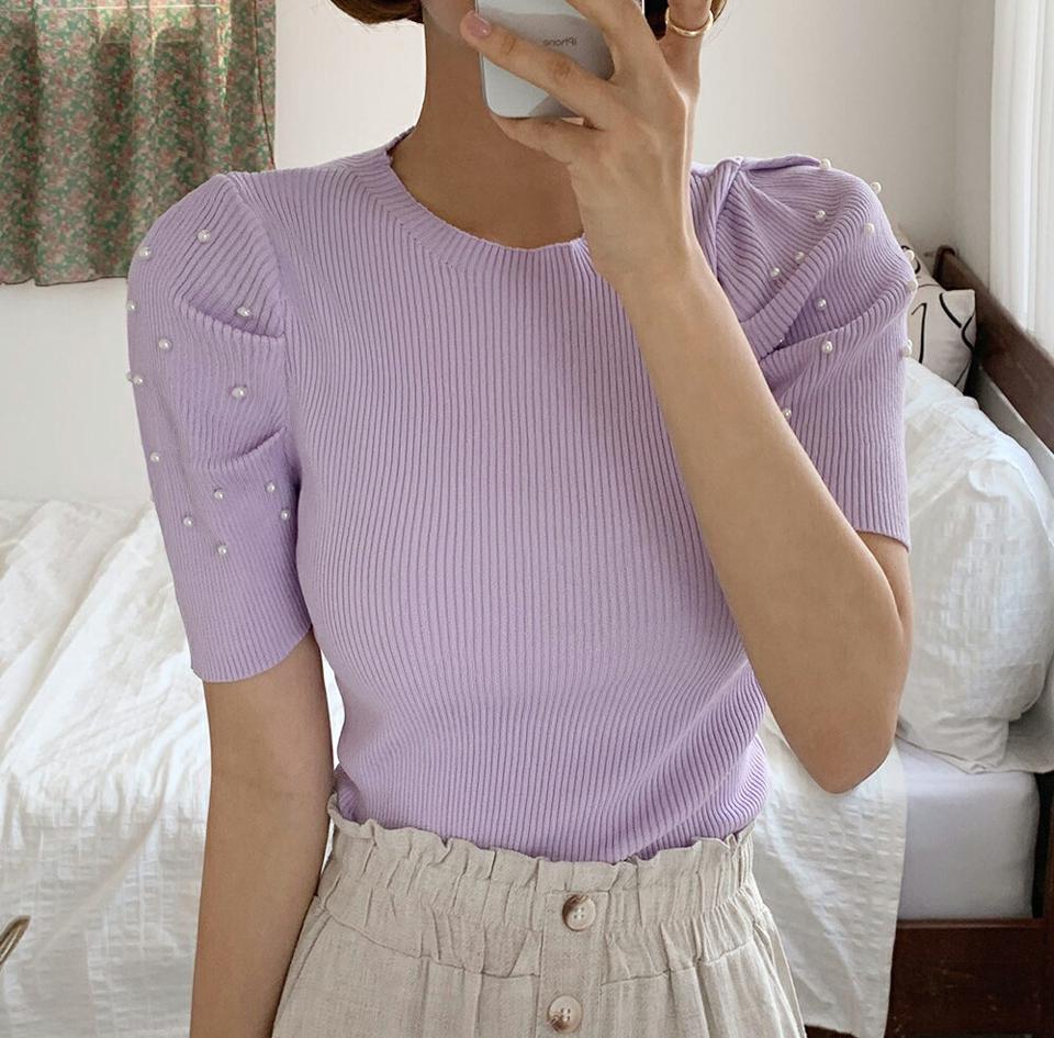 フェイクパールパフリブニット・全4色・b66603 レディース 【tops】トップス ニット 半袖 パール きれいめ リブ シンプル 大人 フェミニン パフ袖 パフスリーブ 春 夏 サマーニット 韓国ファッション
