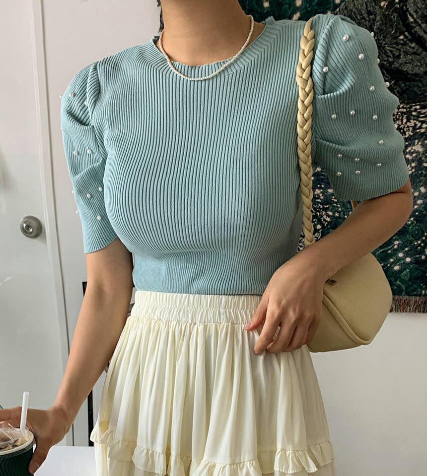 フェイクパールパフリブニット・全4色・b66603 レディース 【tops】トップス ニット 半袖 パール きれいめ リブ シンプル 大人 フェミニン パフ袖 パフスリーブ 春 夏 サマーニット 韓国ファッション