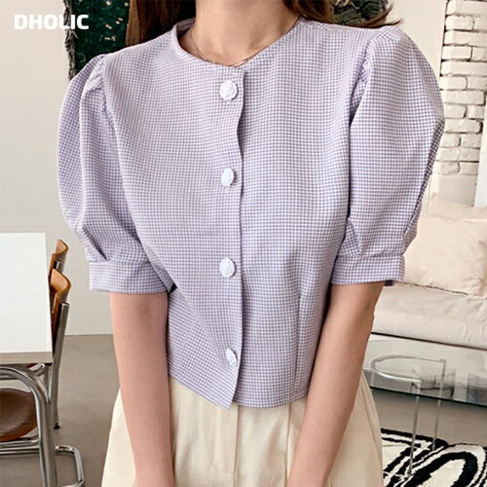 チェックローズボタンブラウス・全3色・t66600 レディース 【bl】トップス ブラウス 半袖 ハーフスリーブ チェック柄 ギンガムチェック ガーリー パフ袖 パフスリーブ ラウンドネック フェミニン 春 夏 韓国ファッション