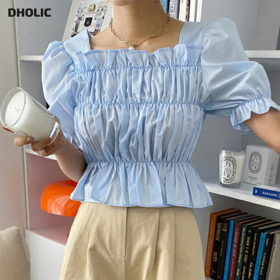 スクエアネックシャーリングブラウス・全3色・t66597 レディース 【bl】トップス ブラウス 半袖 パフ袖 パフスリーブ シャーリング スクエアネック デコルテ 鎖骨 ガーリー かわいい 可愛い 単色 フリル ゴム クロップド丈 春 夏 韓国ファッション