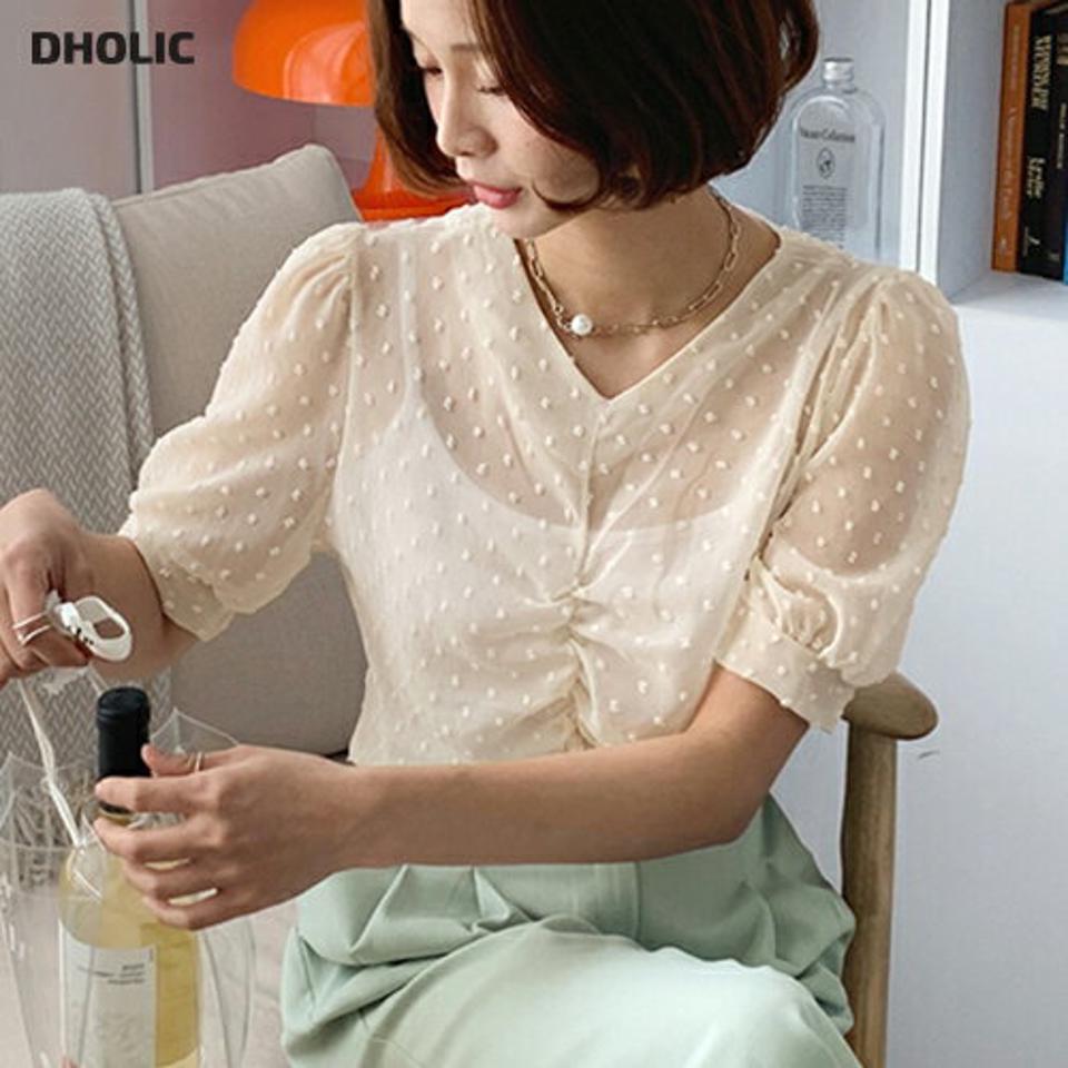 ドットテクスチャーギャザーブラウス・全4色・t66632 レディース 【bl】トップス ブラウス 半袖 ギャザー 透け感 シアー シースルー ドット柄 きれいめ ガーリー かわいい 可愛い Vネック 春 夏 韓国ファッション