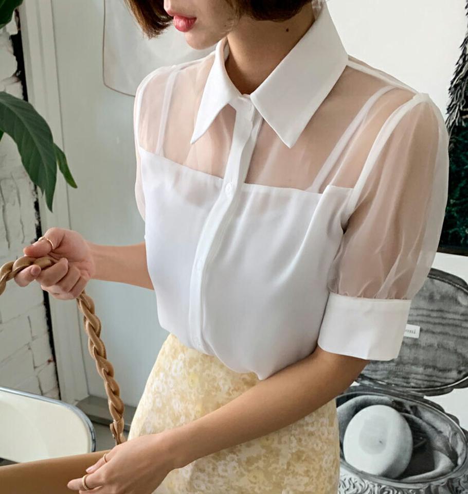 シアーコントラストブラウス・全2色・b66595 レディース 【bl】トップス ブラウス 半袖 透け感 シアー シースルー コントラスト 大人 襟 きれいめ シンプル パフ袖 パフスリーブ ガーリー 春 夏 韓国ファッション