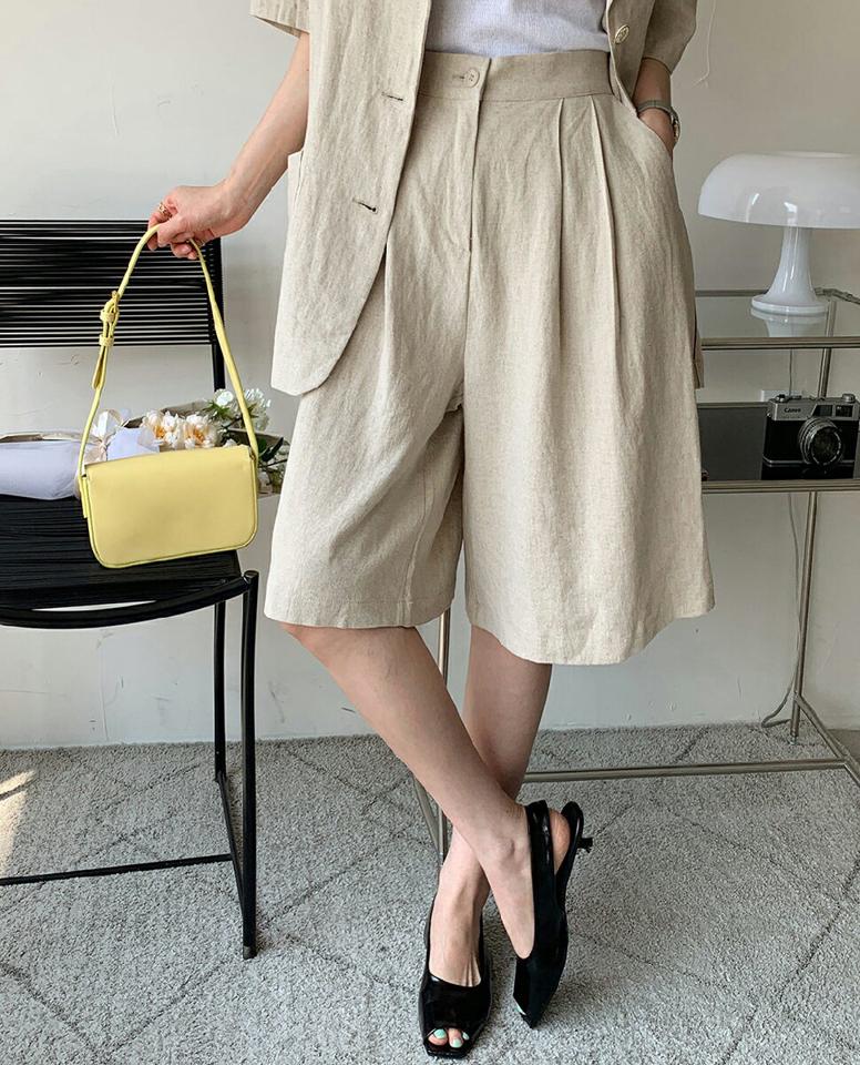 リネン混ハーフパンツ・全3色・t72011 レディース 【pt】パンツ ハーフ丈 ショート丈 単色 無地 シンプル ベーシック パステル リネン混 ハイウエスト タック 楽ちん ワイド 春 夏 カジュアル 大人っぽ 韓国ファッション ハイホリHIHOLLI