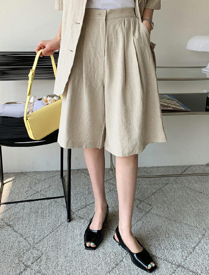 リネン混ハーフパンツ・全3色・t72011 レディース 【pt】パンツ ハーフ丈 ショート丈 単色 無地 シンプル ベーシック パステル リネン混 ハイウエスト タック 楽ちん ワイド 春 夏 カジュアル 大人っぽ 韓国ファッション ハイホリHIHOLLI