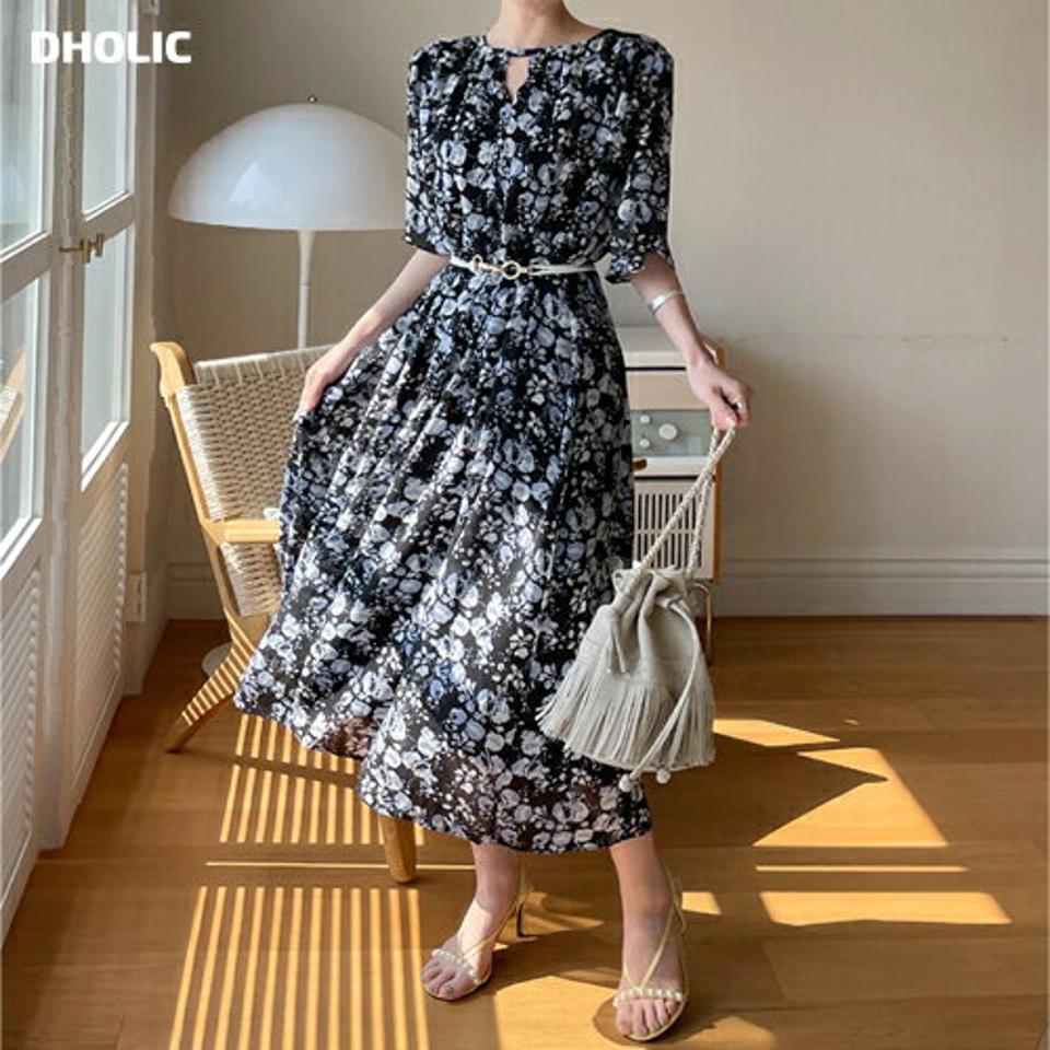 ベルト付フローラルシフォンワンピース・全2色・b72007 レディース 【ops】ワンピース 半袖 ロング丈 花柄 模様 柄 ベルト 体型カバー 楽ちん 二の腕カバー シフォン ギャザー フェミニン 大人っぽ 上品 春 夏 韓国ファッション ハイホリHIHOLLI