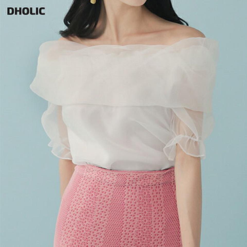 オーガンジーオフショルダーブラウス・全3色・t00274 レディース 【bl】ブラウス トップス 半袖 オフショルダー 単色 無地 華やか シアー透け感 ふんわり 二の腕カバー 肌見せ 肩出し 春 夏 フェミニン かわいい 韓国ファッション ハイホリHIHOLLI