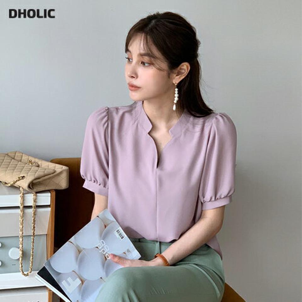 バンドカラーハートネックブラウス・全5色・b71991 レディース 【bl】ブラウス トップス 半袖 単色 無地 シンプル ベーシック パステル オフィスカジュアル フェミニン ハートネック 春 夏 きれいめ パフ袖 韓国ファッション ハイホリHIHOLLI