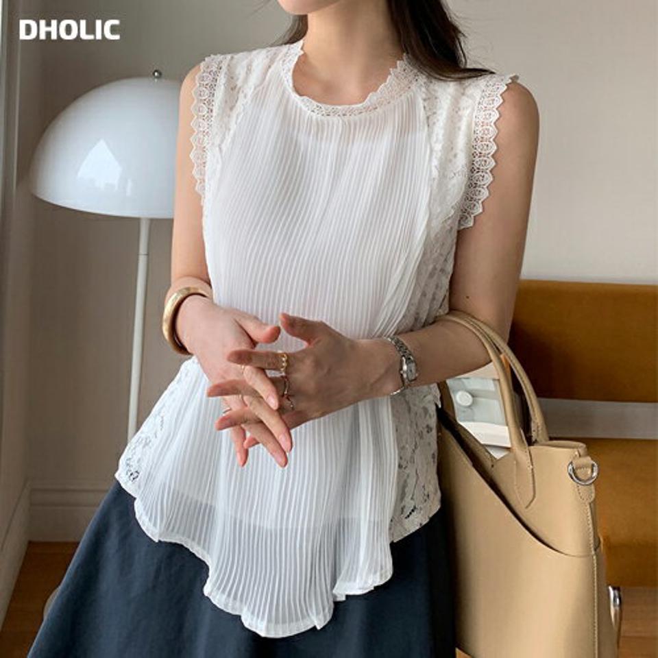 プリーツレースノースリーブ・全2色・b71990 レディース 【tops】トップス ノースリーブ スリーブレス 単色 プリーツ レース 柄 模様 春 夏 爽やか 上品 フェミニン きれいめ かわいい 裏地 可愛い 韓国ファッション ハイホリHIHOLLI