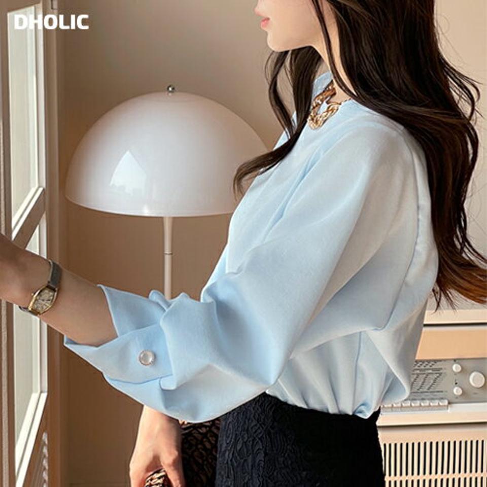 フェイクパールパフブラウス・全6色・e71989 レディース 【bl】ブラウス トップス 七分丈 七分袖 ボタン フェイクパール 単色 無地 シンプル パステル オフィスカジュアル きれいめ フェミニン 上品 春 秋 韓国ファッション ハイホリHIHOLLI