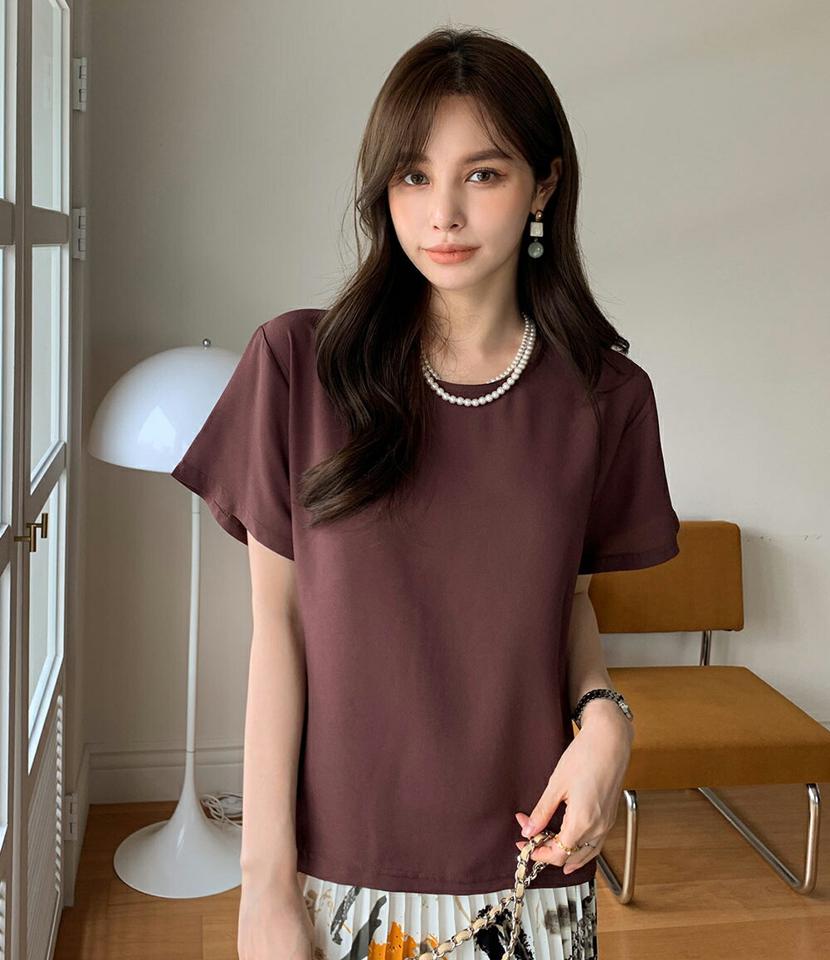 バックリボンブラウス・全3色・e71988 レディース 【bl】ブラウス トップス 単色 無地 シンプル 半袖 バックシャン リボン スリット オフィスカジュアル 春 夏 きれいめ フェミニン ゆったり 韓国ファッション ハイホリHIHOLLI