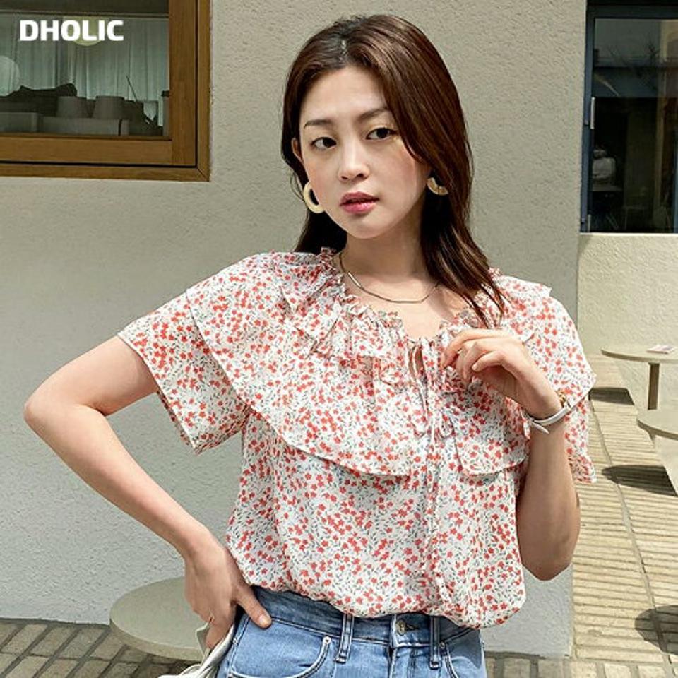 フローラルリボンフリルブラウス・全3色・00744 レディース 【bl】トップス ブラウス 半袖 フリル 襟コン 花柄 小花柄 フェミニン りぼん かわいい 可愛い スリット 春 夏 韓国ファッション