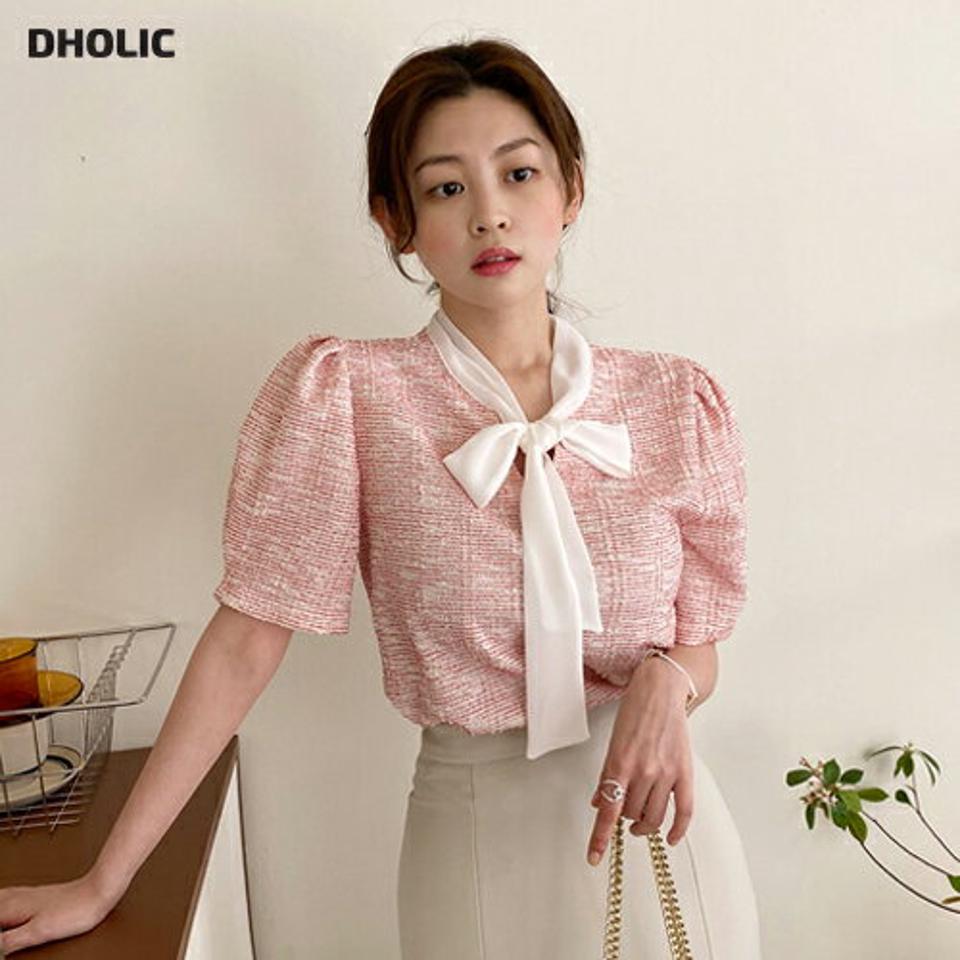 【スーパーセール特価】ツイードコントラストリボンブラウス・全3色・t00713 レディース 【bl】トップス ブラウス 半袖 パフ袖 パフスリーブ ツイード りぼん 襟コン フェミニン 大人 きれいめ コントラスト ピンク オフィスカジュアル 春 夏 韓国ファッション