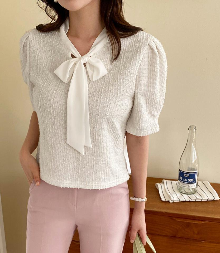 【スーパーセール特価】ツイードコントラストリボンブラウス・全3色・t00713 レディース 【bl】トップス ブラウス 半袖 パフ袖 パフスリーブ ツイード りぼん 襟コン フェミニン 大人 きれいめ コントラスト ピンク オフィスカジュアル 春 夏 韓国ファッション