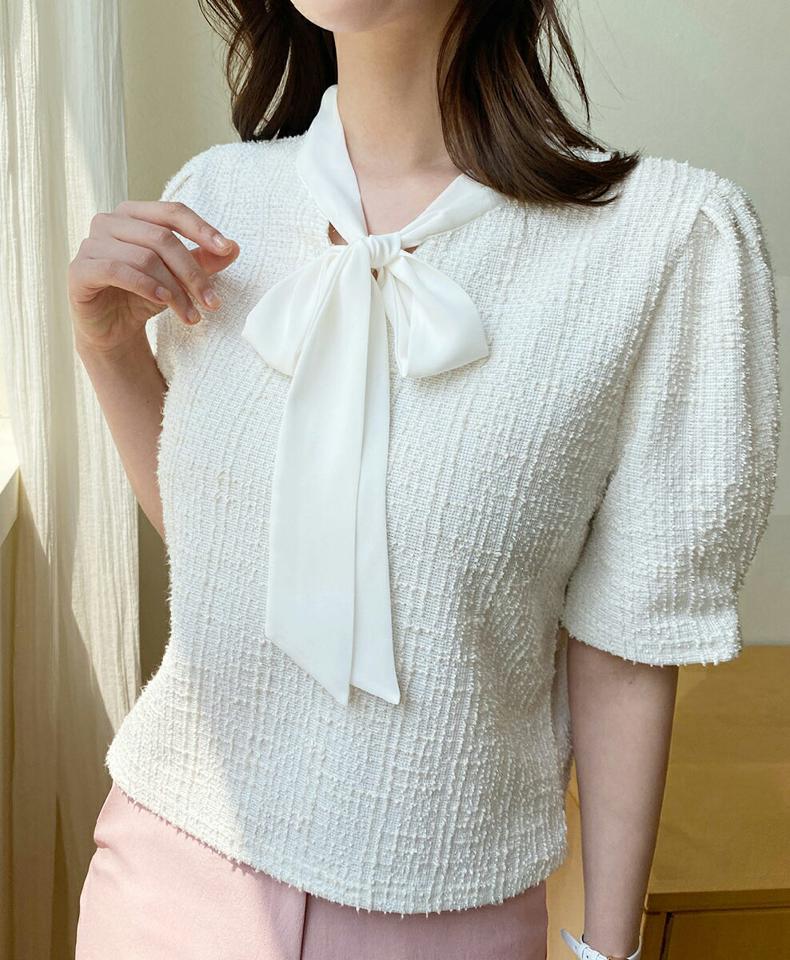 【スーパーセール特価】ツイードコントラストリボンブラウス・全3色・t00713 レディース 【bl】トップス ブラウス 半袖 パフ袖 パフスリーブ ツイード りぼん 襟コン フェミニン 大人 きれいめ コントラスト ピンク オフィスカジュアル 春 夏 韓国ファッション