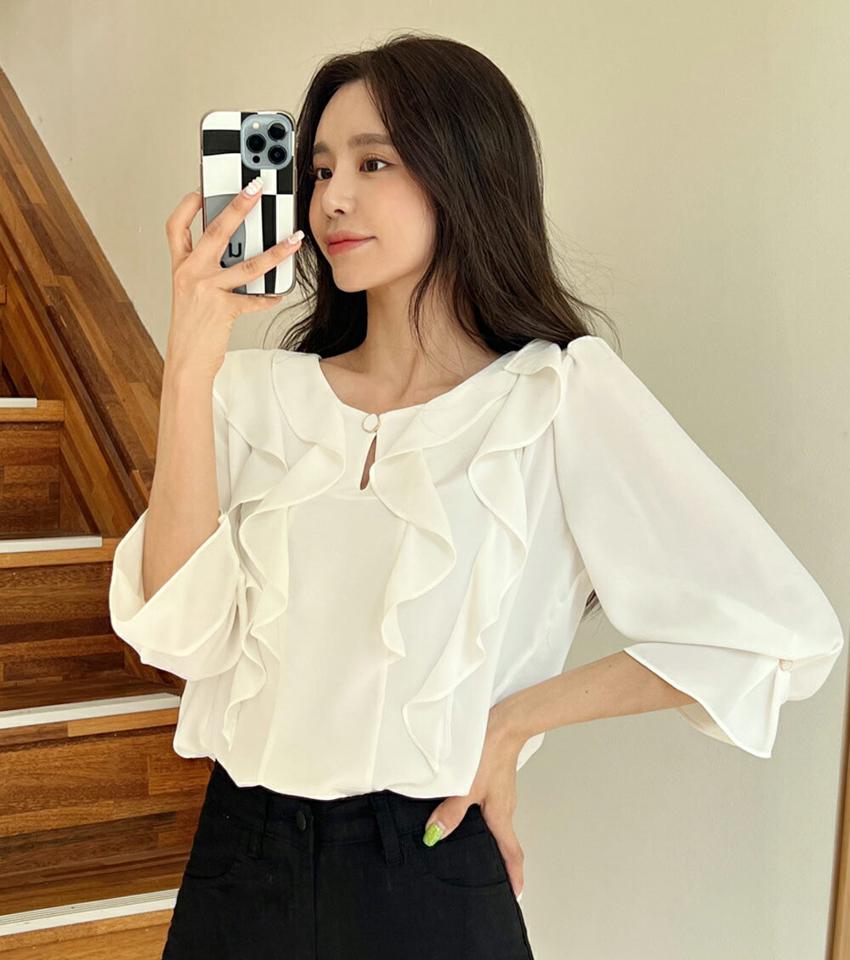 ラッフルウェーブボタンブラウス・全4色・t00714 レディース 【bl】トップス ブラウス 七分袖 七分丈 7分袖 7分丈 フリル ラッフル 単色 フェミニン きれいめ 上品 かわいい 大人 オフィスカジュアル 学校行事 ピンク 春 夏 韓国ファッション