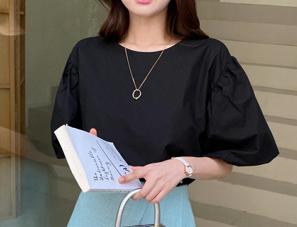 バルーンスリーブラウンドブラウス・全4色・t00745 レディース 【bl】トップス ブラウス 半袖 ハーフスリーブ パフスリーブ バルーンスリーブ ボリューム袖 袖コン 単色 無地 シンプル フェミニン 大人 水色 二の腕カバー 春 夏 韓国ファッション