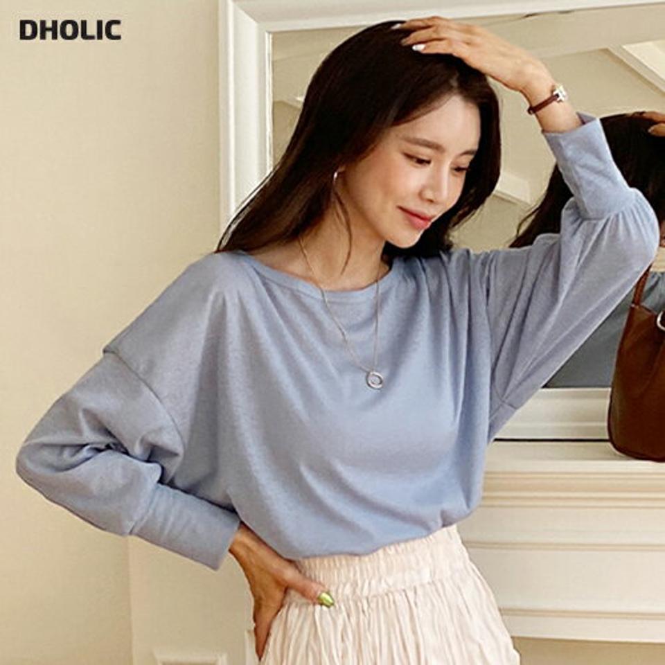 リネン混ラウンドTシャツ・全4色・e00710 レディース 【tops】トップス Tシャツ 長袖 単色 無地 シンプル ベーシック ラウンドネック リネン カジュアル ラフ ドロップショルダー ギャザー 春 秋 韓国ファッション