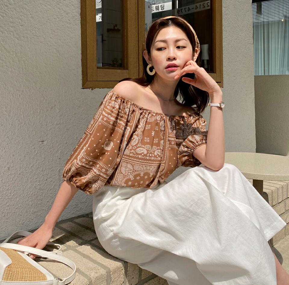 ストラップ付2WAYペイズリーブラウス・全4色・b00715 レディース 【bl】トップス ブラウス ゴム 半袖 ハーフスリーブ 総柄 ペイズリー柄 オフショルダー カジュアル かわいい ラフ ラグラン 二の腕カバー リゾート 春 夏 韓国ファッション