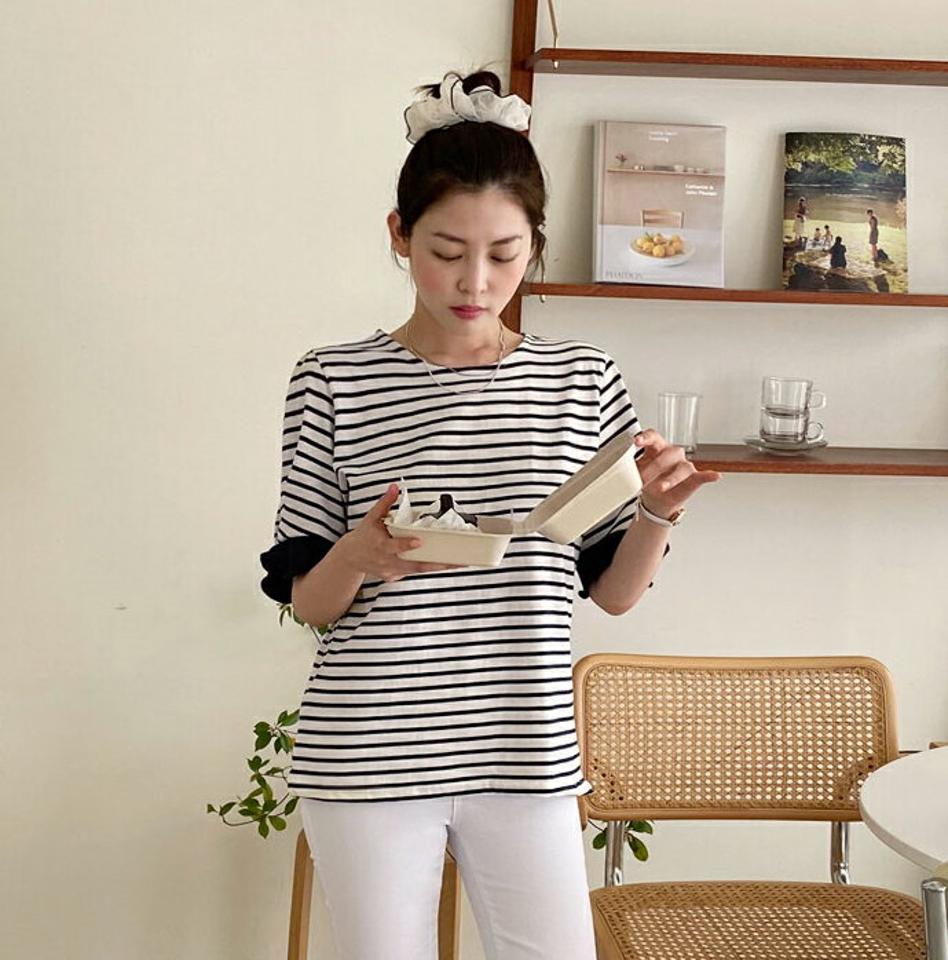 ボーダーフリルスリーブTシャツ・全3色・b00709 レディース 【tops】トップス Tシャツ 半袖 ハーフスリーブ ボーダー柄 フリル 袖コン かわいい 可愛い 大人 カジュアル ラフ パフスリーブ パフ袖 春 夏 韓国ファッション