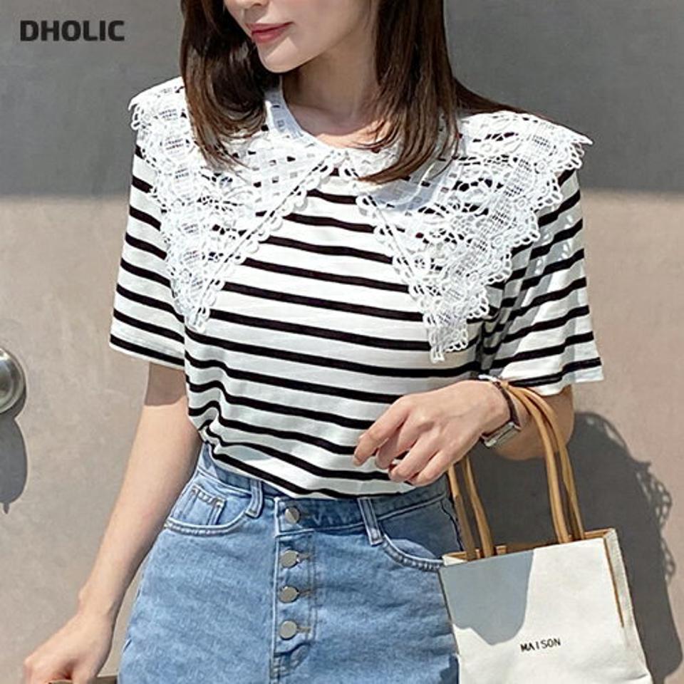 レースカラーボーダーTシャツ・全5色・b67030 レディース 【tops】トップス Tシャツ ボーダー柄 半袖 ハーフスリーブ ボーダーT 襟コン レース かわいい カジュアル レース襟 春 夏 韓国ファッション