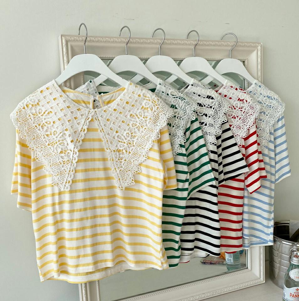 レースカラーボーダーTシャツ・全5色・b67030 レディース 【tops】トップス Tシャツ ボーダー柄 半袖 ハーフスリーブ ボーダーT 襟コン レース かわいい カジュアル レース襟 春 夏 韓国ファッション