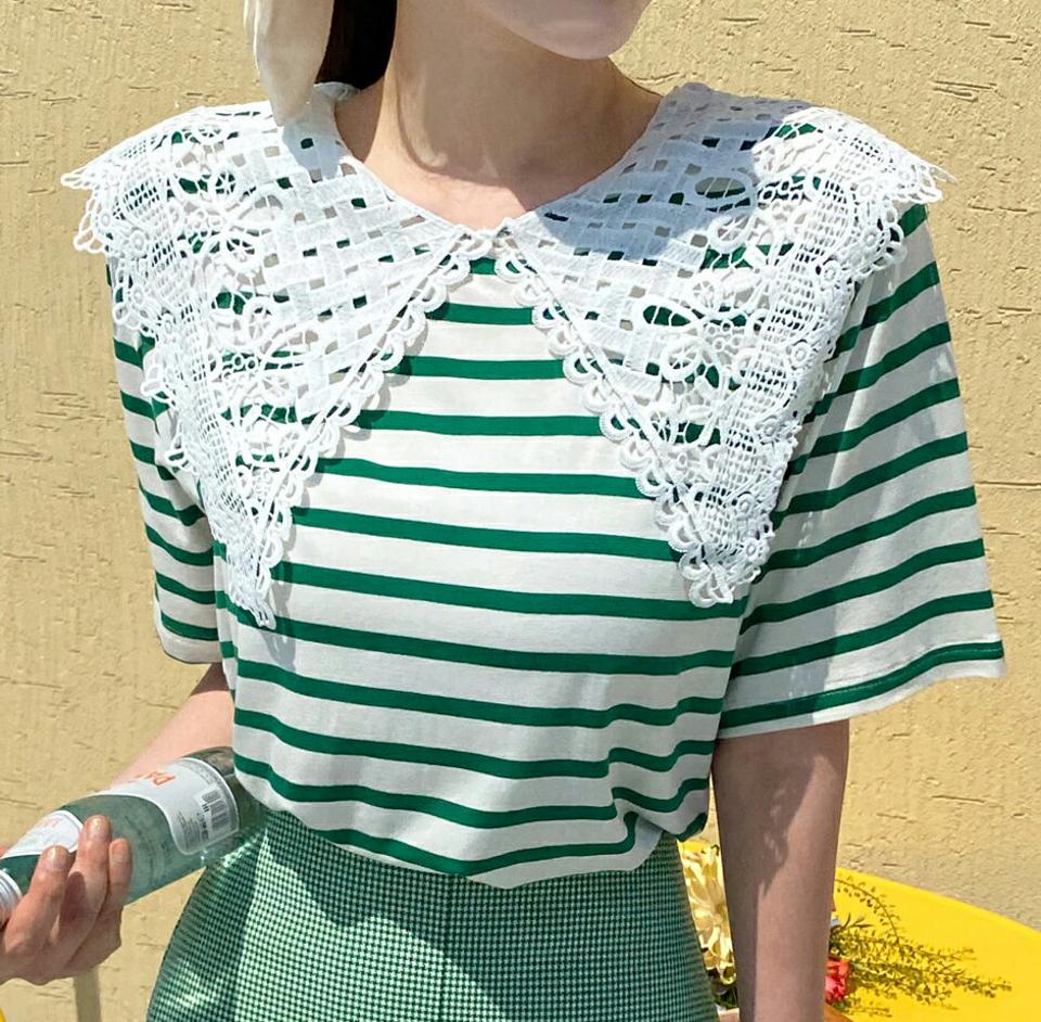 レースカラーボーダーTシャツ・全5色・b67030 レディース 【tops】トップス Tシャツ ボーダー柄 半袖 ハーフスリーブ ボーダーT 襟コン レース かわいい カジュアル レース襟 春 夏 韓国ファッション