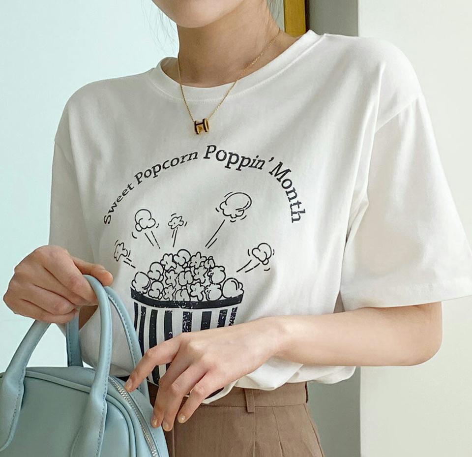 【スーパーセール特価】ポップコーンプリント半袖Tシャツ・全3色・b67032 レディース 【tops】トップス Tシャツ プリント 半袖 ハーフスリーブ カジュアル ラフ ラウンドネック 春 夏 韓国ファッション