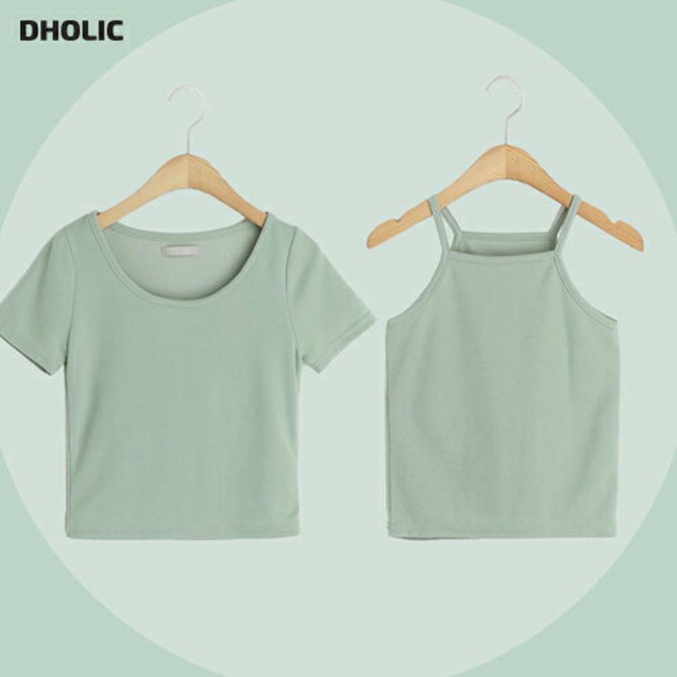 【10%OFF】キャミ&UネックTシャツSET・全4色・t67270 レディース 【tops】韓国ファッション トップス Tシャツ キャミソール セット 大人 半袖 Uネック アメリカンスリーブ 無地 ベーシック シンプル 体型カバー フェミニン カジュアル 黄緑 夏 春 秋 半Tセール