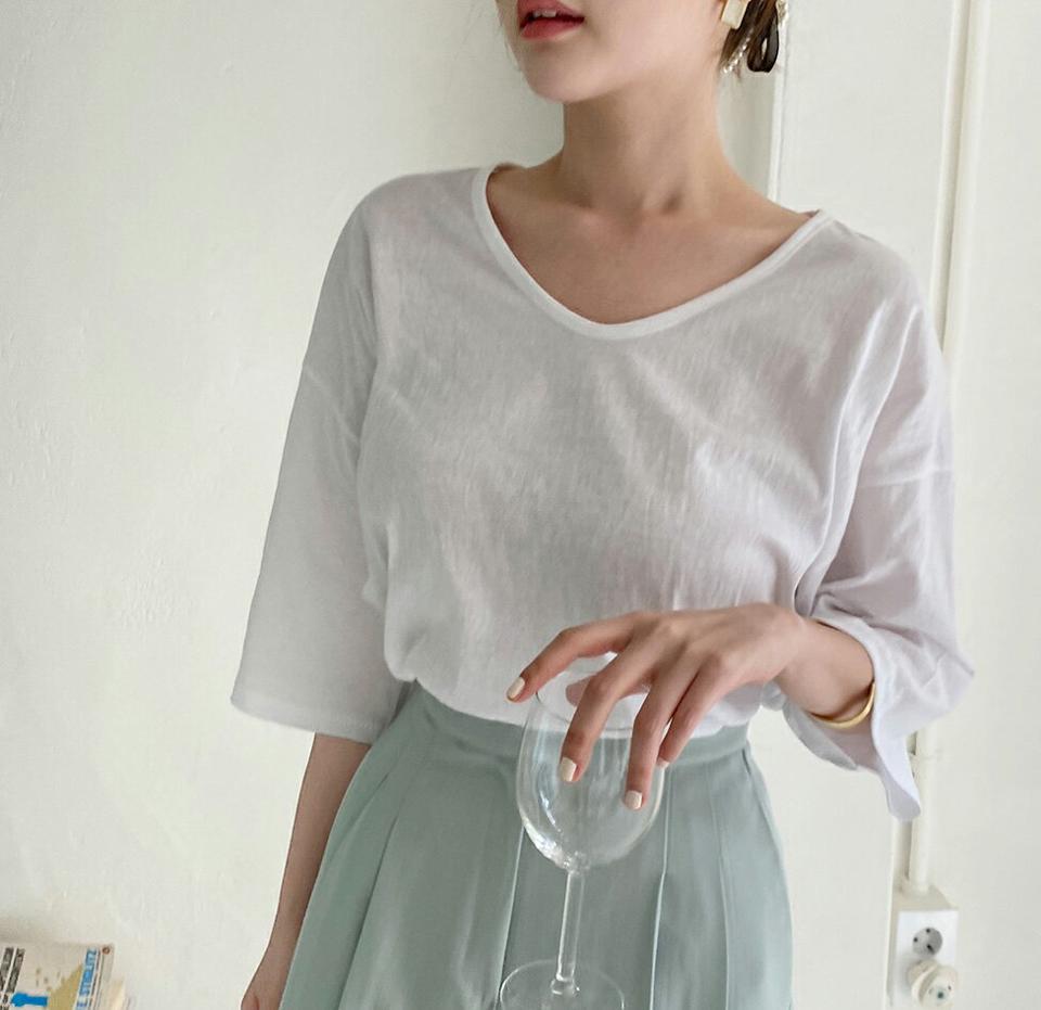 UネックルーズスリットTシャツ・全5色・b67271 レディース 【tops】韓国ファッション トップス Tシャツ 大人 半袖 Uネック ルーズ スリット 無地 ベーシック シンプル 体型カバー フェミニン カジュアル デイリー 夏 春 秋