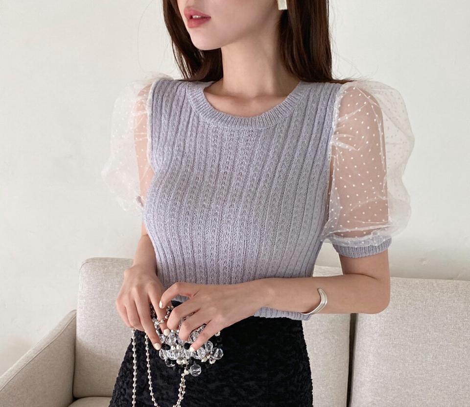 シアードットスリーブニット・全2色・b67307 レディース 【tops】韓国ファッション トップス ニット 大人 半袖 ラウンドネック シアー シースルー ドット パフスリーブ シンプル フェミニン カジュアル デイリー 夏 春 秋