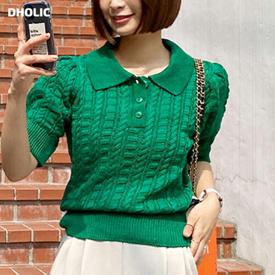 パフカラーケーブルニット・全4色・t67276 レディース 【tops】韓国ファッション サマーニット トップス ニット 大人 半袖 カラーネック ケーブル編み リネン混 パフスリーブ シンプル かわいい 可愛い 緑 フェミニン カジュアル 夏 春 秋